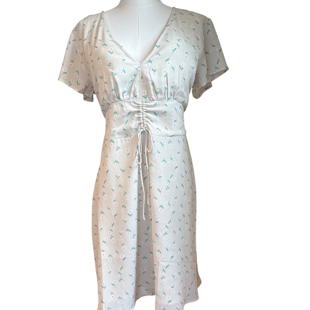 Earthbound Trading Co‎ Womens Floral Daisy Ruched V-Neck Mini Dress Cream Large